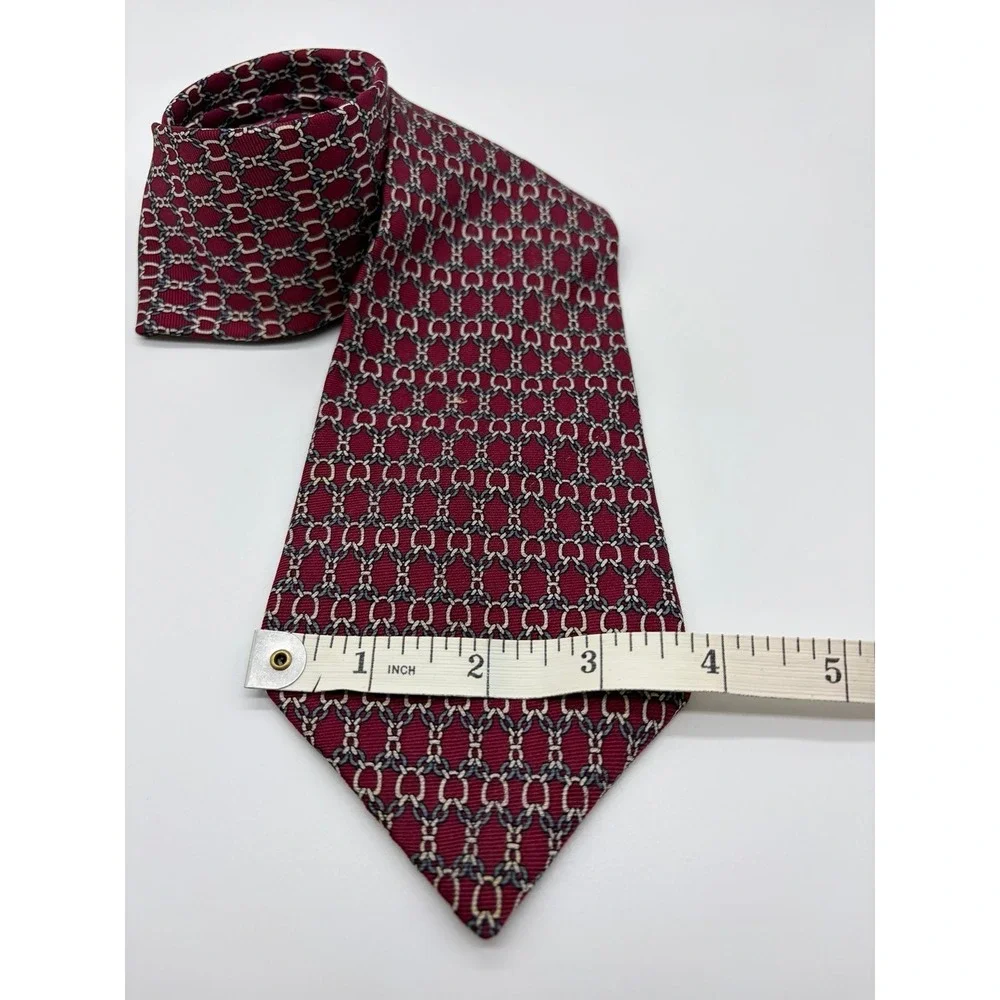 Saks Fifth Avenue Designer USA Tie, Handmade Red Geometric Chain Link 100% Silk